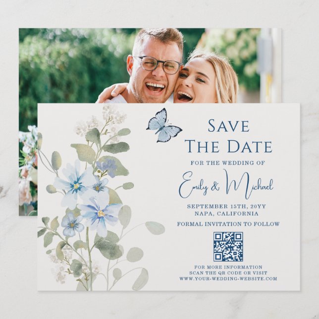 Romantisk blå Blommigt Foto QR-kod Bröllop Spara Datumet (Fram/baksida)