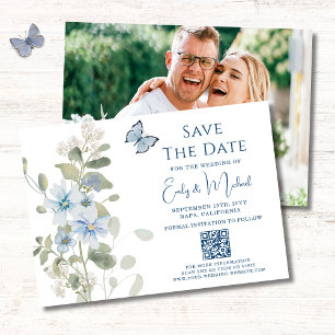 Romantisk blå Blommigt Foto QR-kod Bröllop Spara Datumet