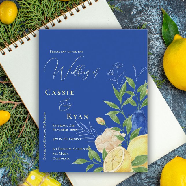 Romantisk blå Blommigt, inbjudan till Lemon-bröllo (Romantic Blue Floral Lemon Wedding Invitation Postcard)