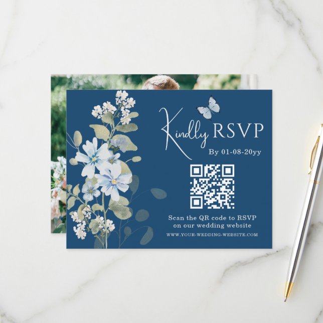 Romantisk blå Blommigt OSA QR-kod Foto Bröllop (Fram/Back In Situ)