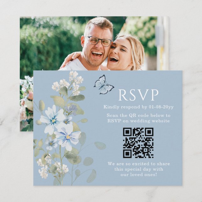 Romantisk blå Blommigt OSA QR-kod Foto Bröllop Kort (Fram/baksida)