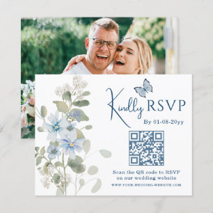 Romantisk blå Blommigt OSA QR-kod Foto Bröllop Kort