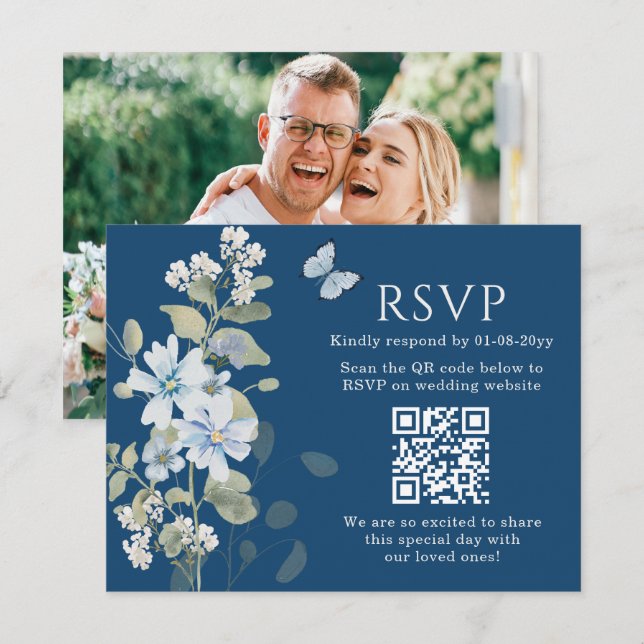 Romantisk blå Blommigt OSA QR-kod Foto Bröllop Kort (Fram/baksida)