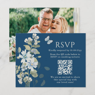 Romantisk blå Blommigt OSA QR-kod Foto Bröllop Kort