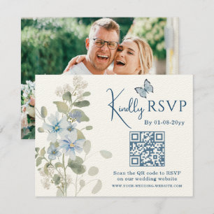 Romantisk blå Blommigt OSA QR-kod Foto Bröllop Kort