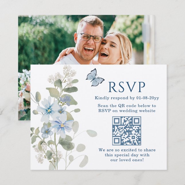 Romantisk blå Blommigt OSA QR-kod Foto Bröllop Kort (Fram/baksida)
