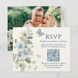 Romantisk blå Blommigt OSA QR-kod Foto Bröllop Kort