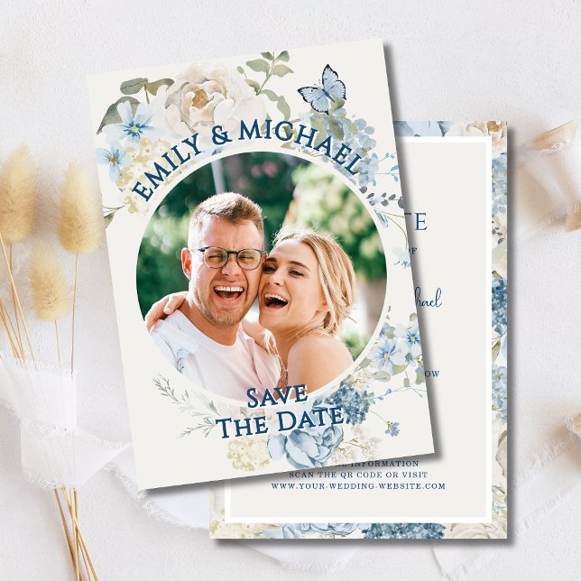 Romantisk blå Blommigt - QR-kod för foto Inbjudningar (Skapare uppladdad)