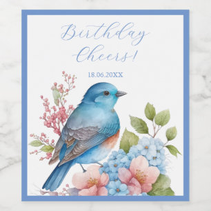 Romantisk blå fågel och blommor vinflaska etikett