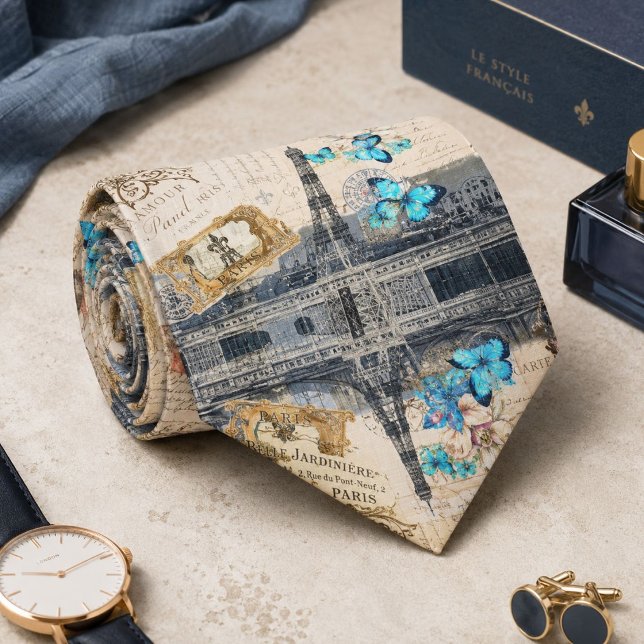 romantisk blå fjäril fransk paris eiffeltornet slips (romantic blue butterfly french paris eiffel tower neck tie)