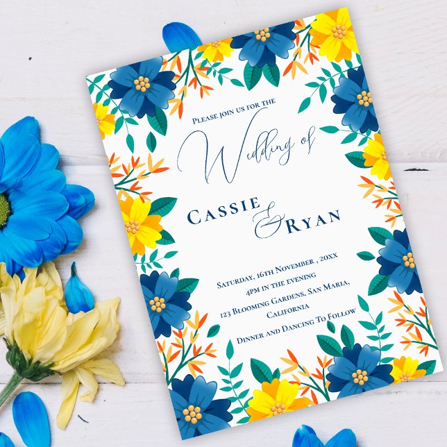 Romantisk Blå Gul Blommig Bröllopsinbjudan Magnetisk Inbjudningskort (Romantic Blue Yellow Floral Wedding Invitation)
