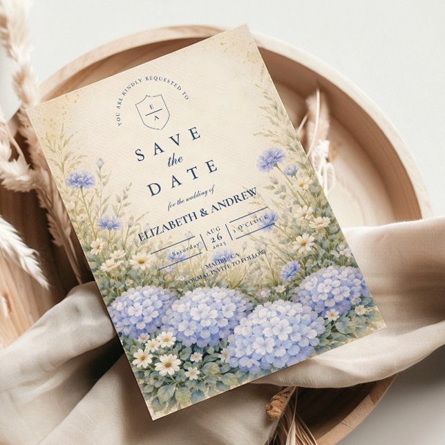 Romantisk Blå Hortensia Bröllop Spara Datumet (Skapare uppladdad)