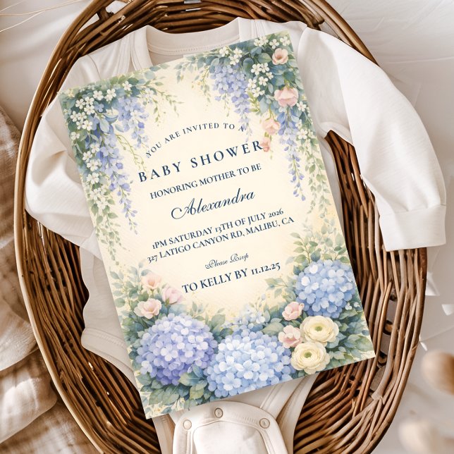 Romantisk Blå Hortensia Trädgårds Baby Shower Inbjudningar (Skapare uppladdad)