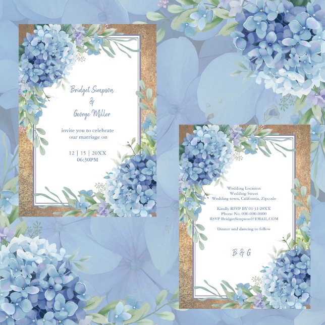 Romantisk blå Hydrangea Monogram bröllop Inbjudningar (Skapare uppladdad)