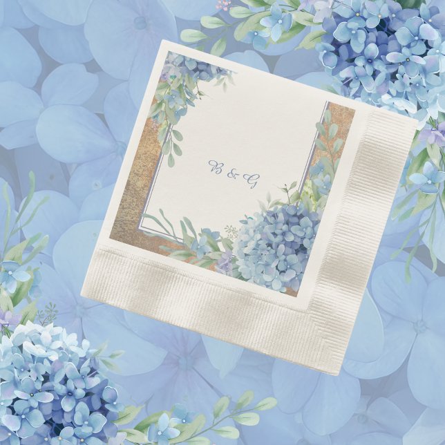 Romantisk blå Hydrangea Monogram bröllop Pappersservett (Skapare uppladdad)