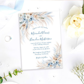 Romantisk Blå Kalligrafi Blommig Boho Bröllop Inbjudningar