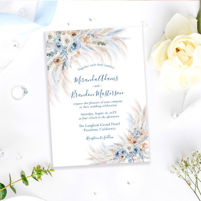Romantisk Blå Kalligrafi Blommig Boho Bröllop Inbjudningar (Skapare uppladdad)