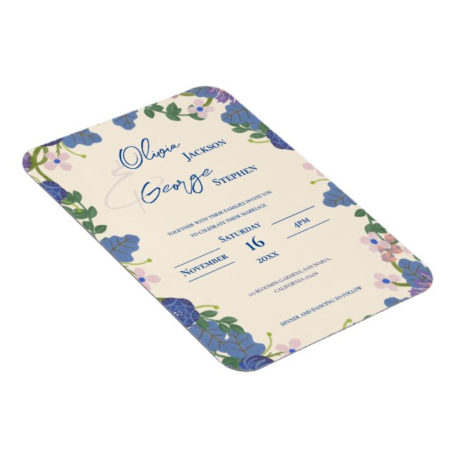 Romantisk blå lila blomsterbröllopsinbjudan magnet (Högersidan)