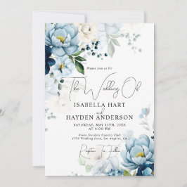 Romantisk blå marin Blommigt alla i 1 QR-kod Bröll Inbjudningar