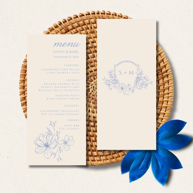 Romantisk blå monogram vapen blommande bröllopsmen meny (Skapare uppladdad)