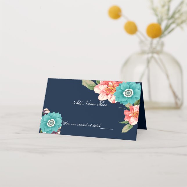 Romantisk blå och Rosa Blommigt Botaniska Bord Placeringskort (Framsida)