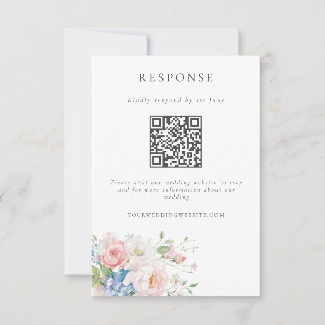 Romantisk blå och rosa pastellblommig QR-kod bröll OSA Kort (Framsida)