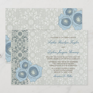 Romantisk blå Ro Damask Snöre Elegant bröllop Inbjudningar