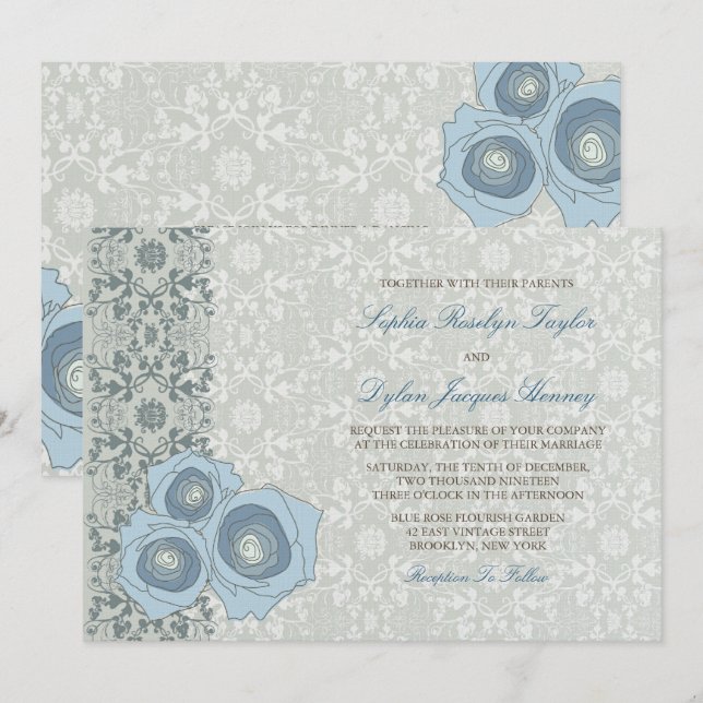 Romantisk blå Ro Damask Snöre Elegant bröllop Inbjudningar (Fram/baksida)