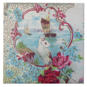 ROMANTISK BLÅ ROSA BLOMSTER,DUVA,ROSOR OCH HAVSLAN KAKELPLATTA