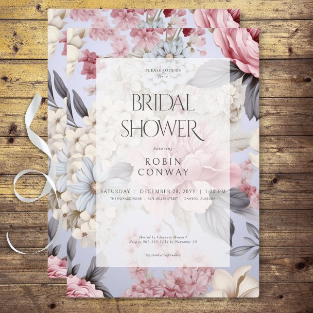 Romantisk blå Rosa och vit Blommigt, Möhippa Inbjudningar (Romantic Blue Pink & White Floral Bridal Shower Invitation)