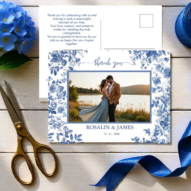 Romantisk Blå Toile QR-kod Foto Tack Vykort (Romantic Blue Toile QR code Photo Thank You Postcard
)