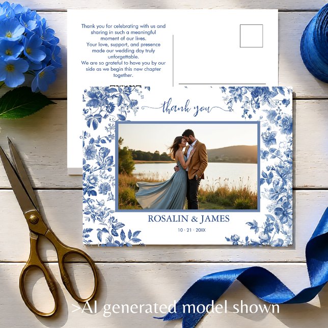 Romantisk Blå Toile QR-kod Foto Tack Vykort (Romantic Blue Toile QR code Photo Thank You Postcard)