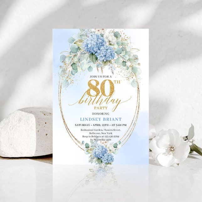 Romantisk Blå Trädgårdsblomma 80-års Födelsedagsin Inbjudningar (Romantic Blue Garden Floral 80th Birthday Invite)