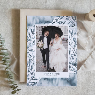 Romantisk blå vattenfärg Botanicals Foto Bröllop Tack Kort