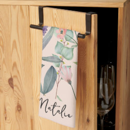 Romantisk bladvattenfärgad monogrammad rosa kökshandduk