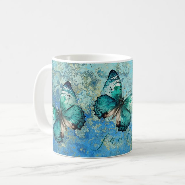 Romantisk blått och grönt Butterfly Kaffemugg (Framsida vänster)