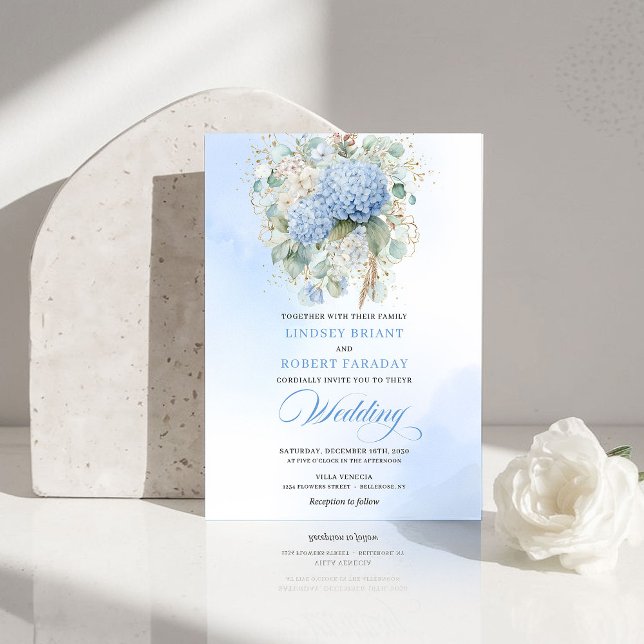 Romantisk blekblå Hydrangea Blommig Bröllopsinbjud Inbjudningar (Romantic Pale Blue Hydrangea Floral Wedding Invite)