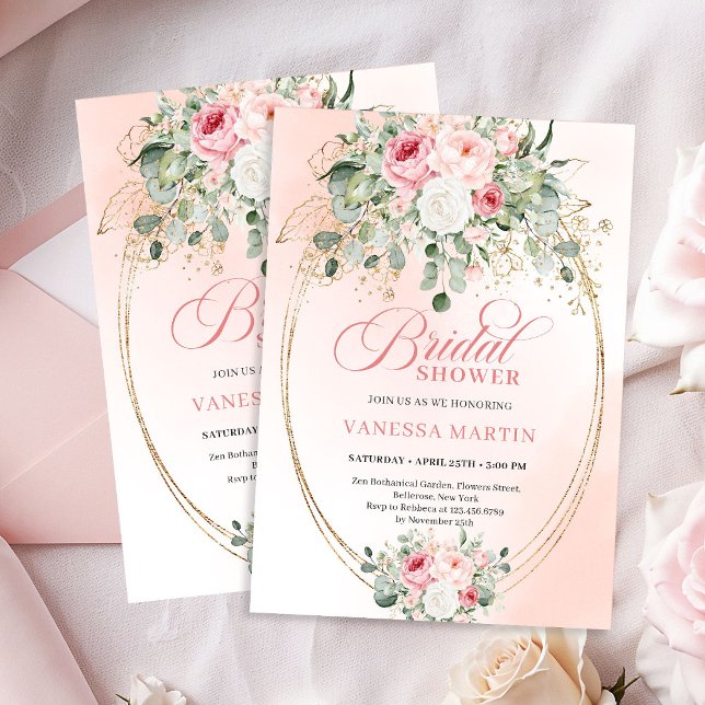 Romantisk blekrosa ros bröllopsdusch-inbjudan inbjudningar (Romantic Pale Pink Roses Bridal Shower Invitation)