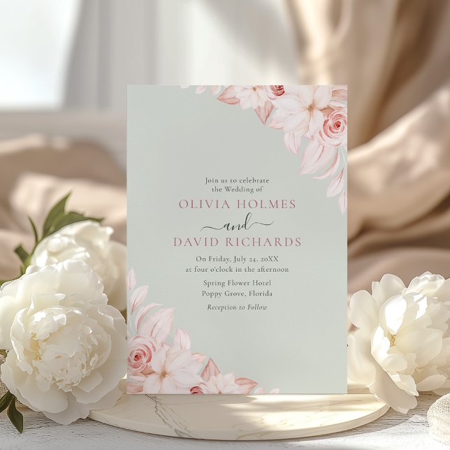 Romantisk blekrosa ros bröllopsinbjudan inbjudningar (Romantic Pale Pink Roses Wedding Invitation on a wedding table with white peonies)