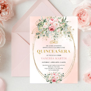 Romantisk blekrosa roséguld Quinceañera-kort Inbjudningar