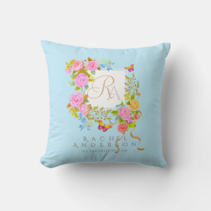 Romantisk blommande trädgårdsmonogram blå kudde