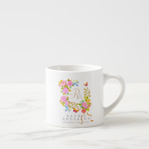 Romantisk blommande trädgårdsmonogram espressomugg