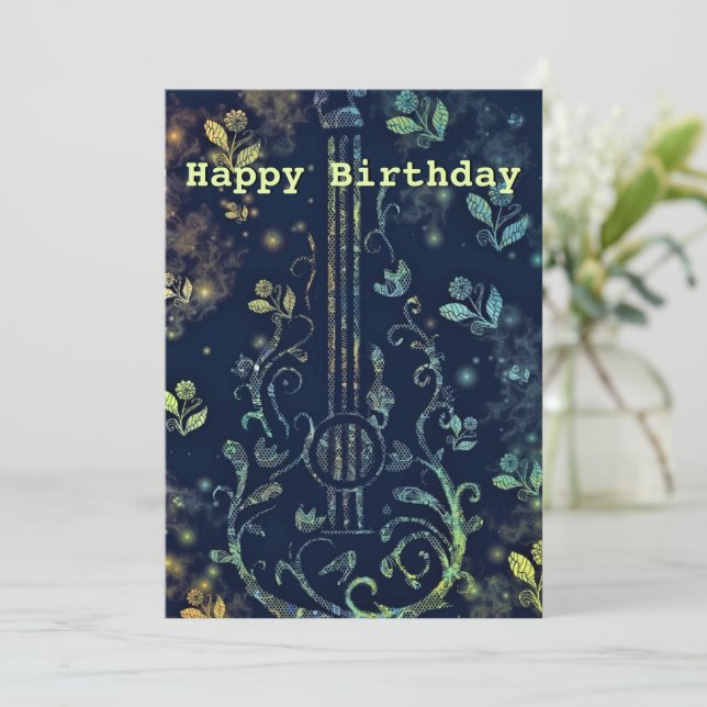 Romantisk Blommig Gitarr Födelsedagskort (Stående Fram)