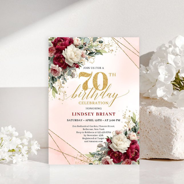 Romantisk Blommig Guld 70-års Födelsedagsinbjudan Inbjudningar (Romantic Floral Gold 70th Birthday Invitation)