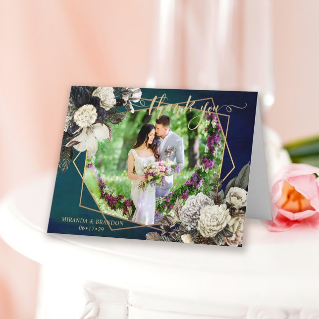 Romantisk Blommig Guldkrans Foto Bröllop Tack Kort (Skapare uppladdad)