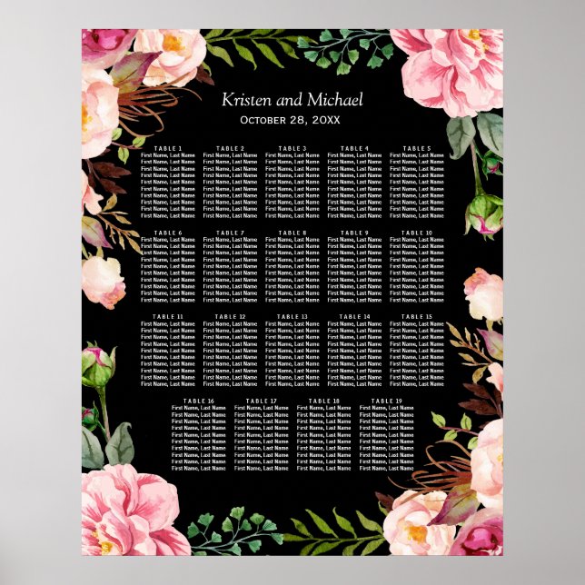 Romantisk Blommigt 19 Bord Bröllop-sittplatsplan Poster (Framsidan)