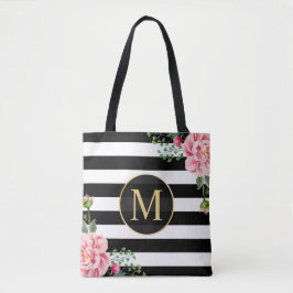 Romantisk Blommigt Black White Rand Monogram Tygkasse