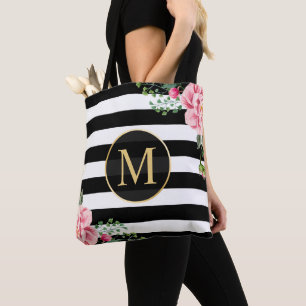 Romantisk Blommigt Black White Rand Monogram Tygkasse