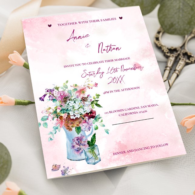 Romantisk Blommigt Bouquet Rosa bröllopsinbjudan Vykort (Romantic Floral Bouquet Pink Wedding Invitation Postcard)