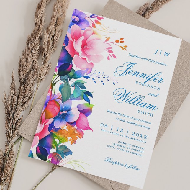 Romantisk Blommigt Bröllop Elegant Rainbow Ombre Inbjudningar (Romantic Floral Wedding Elegant Rainbow Ombre Invitation)